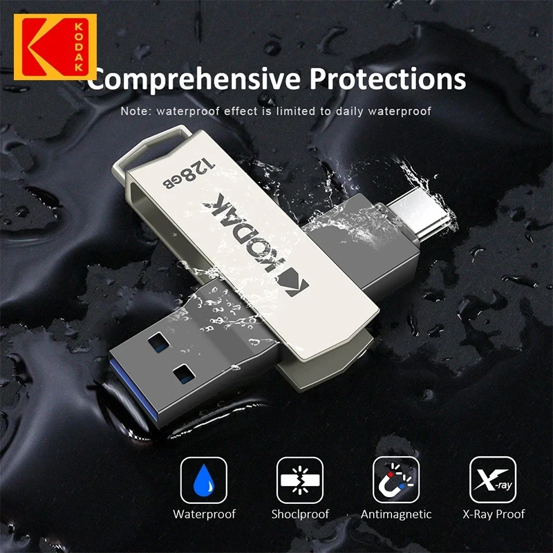 Kodak Type C Pendrive USB 3.2 Metal USB Flash Drive 128GB 64GB 32GB 256GB HDD 2 in 1 U-disk for Keys Smartphone Laptop Desktop