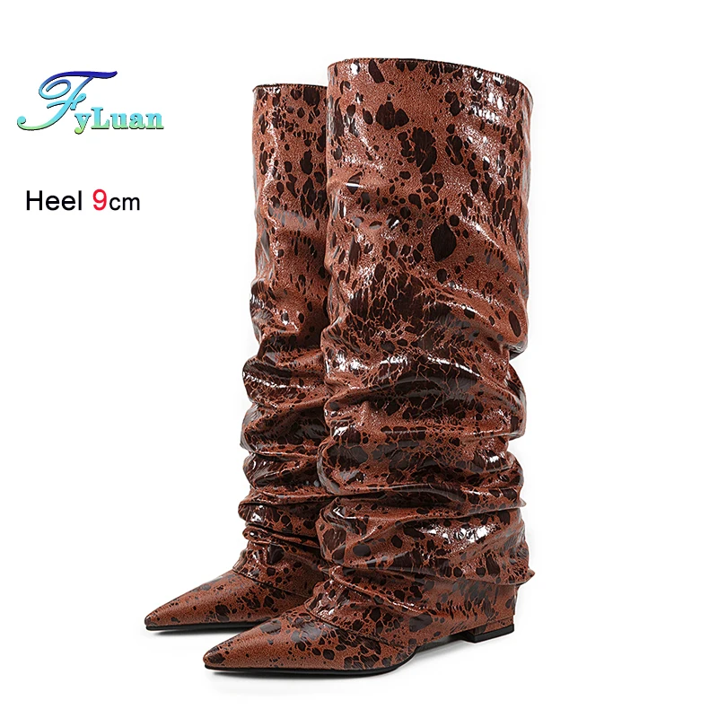 

Pointy Stackable Long Modern Boots 9CM Thick Heels Women Party Shoes 2025 Autumn Leopard print Pleated Turned-over Edge Boots