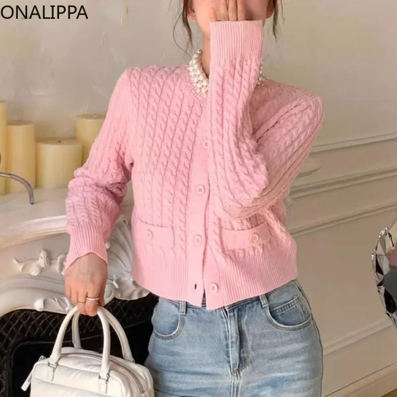 

Onalippa Pearl Beaded Hemp Pattern Cropped Cardigan Sweet Kawaii Knitted Pink Cardigans French Style Small Fragrance Sweater