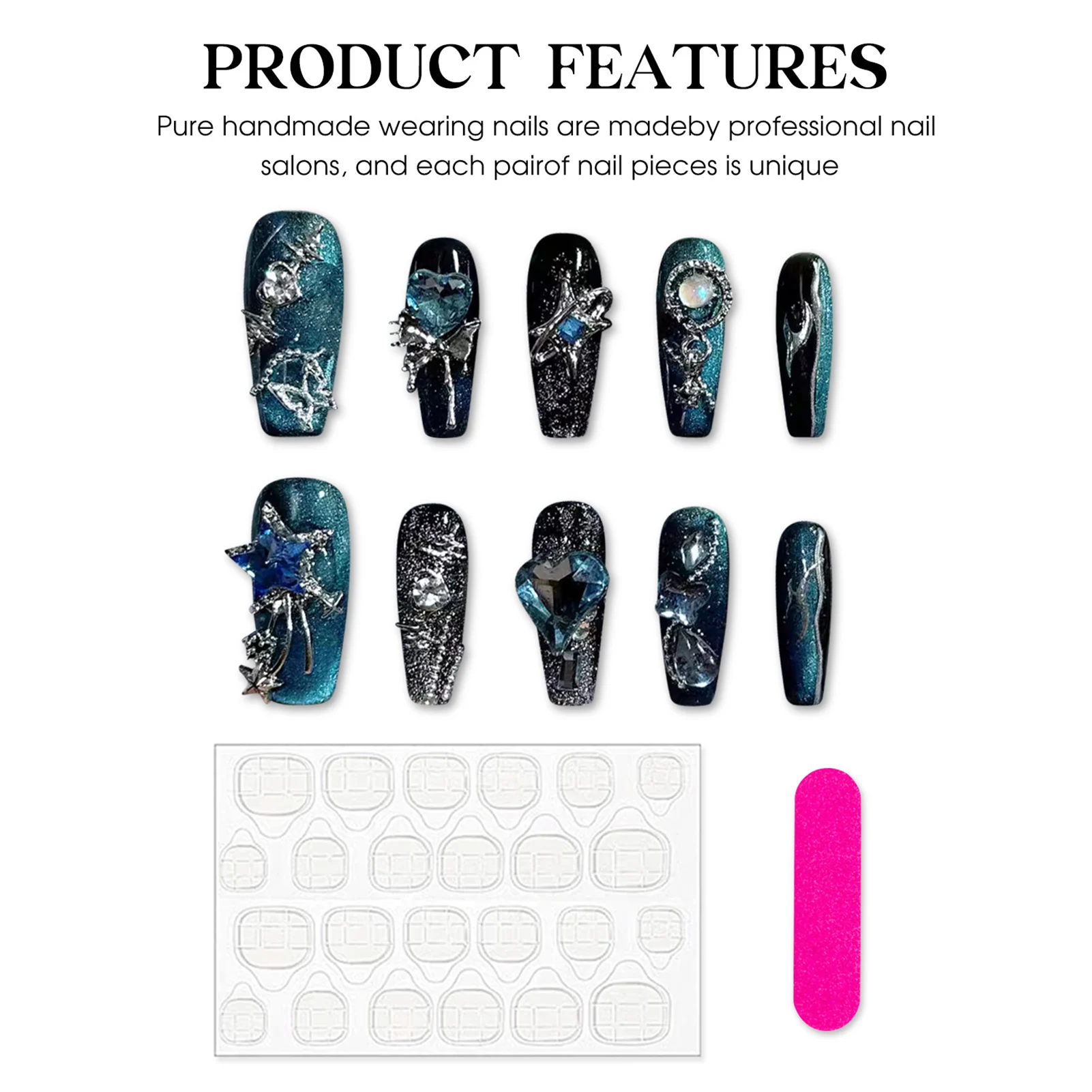 Black False Nails with Rhinestone Decor Chip-Proof Smudge-Proof Fake Nails for Fingernail DIY Decoration