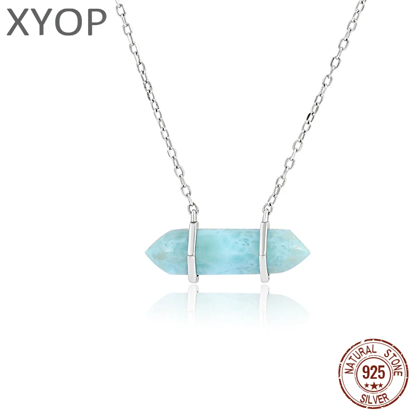 Geometric Aesthetic 925 Sterling Silver Jewelry Classic Larimar Pendant Necklace Natural Precious Retro Woman Contracted Style