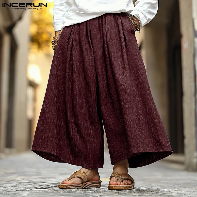 

INCERUN Men Wide Leg Pants Solid Color Joggers Oversize Streetwear Trousers Men 2025 Elastic Waist Vintage Casual Pants S-5XL