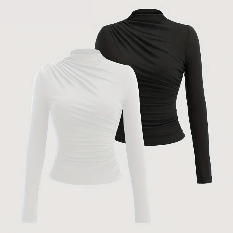 

Autumn Winter Tops Women 2Piece Set Long Sleeve Ruched Slim Kpop Y2k Fashion Ropa Mujer Casual Clothes Streetwear Bodycon Shirts