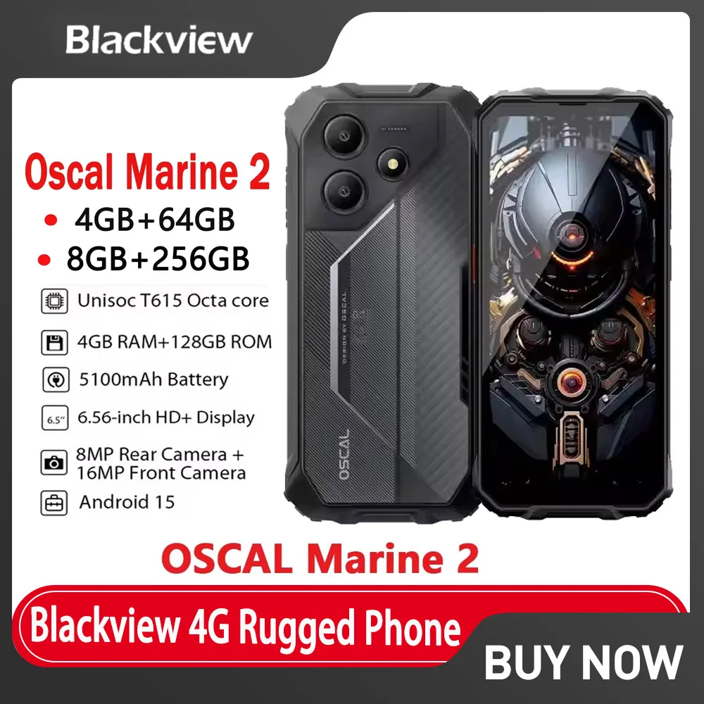 Blackview OSCAL Marine 2 Rugged AI Smartphone 6.56'' HD+ Display, Unisoc T615, 8GB+128GB, 11000mAh Battery Android 15 Phone NFC