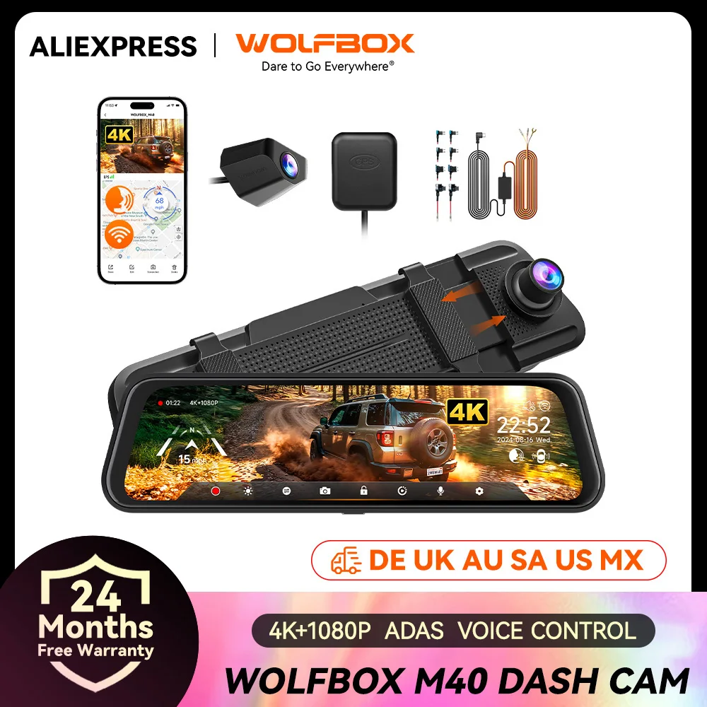 WOLFBOX M40 Dashcam 4K+1080P Mit Sprachsteuerung ADAS Eingebautes 5GHz WLAN und GPS Videorekorder Front- und Heckkamera