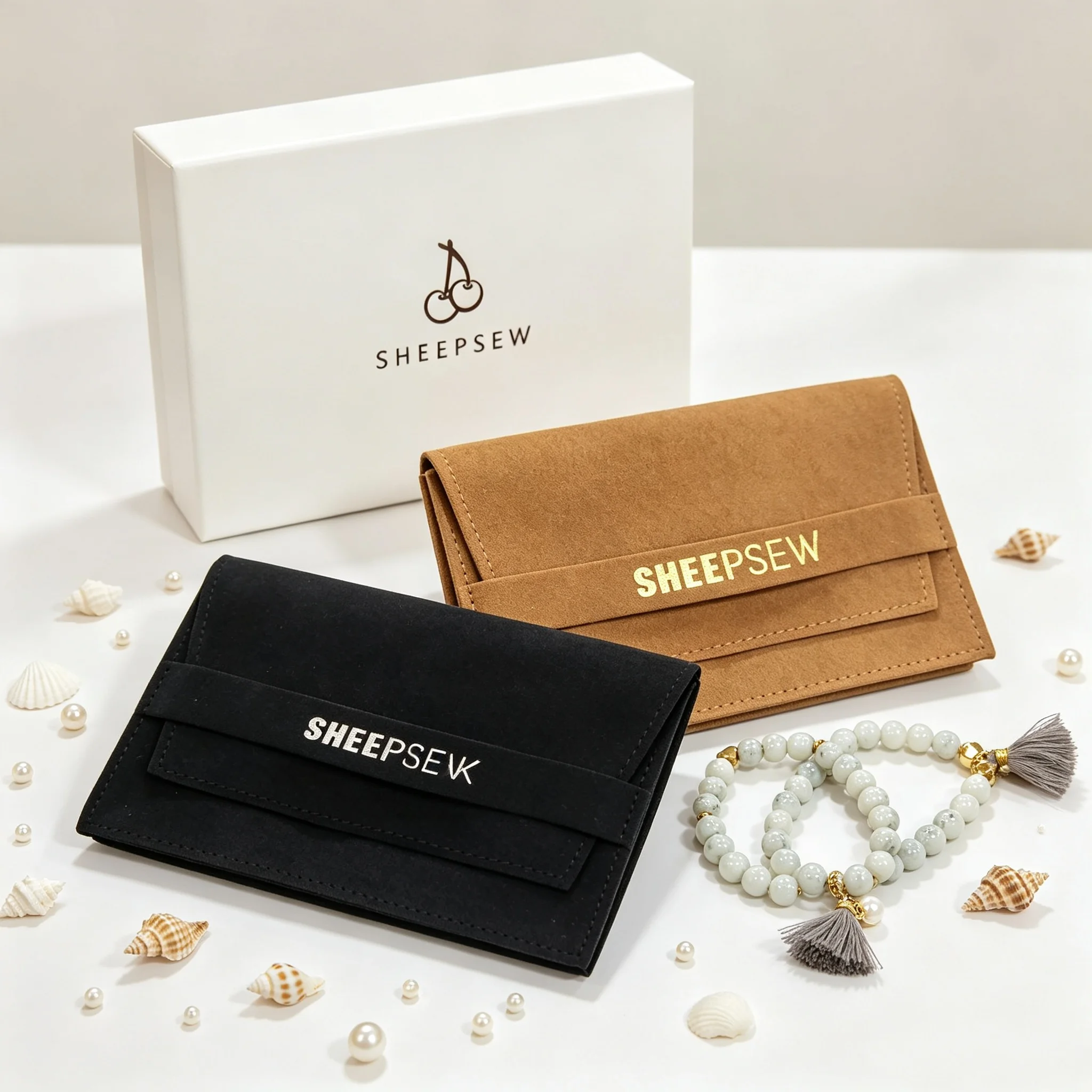 SheepSewBlack Microfiber Suede Envelope Jewelry Pouch Custom Embossed Logo Snap Button Flap Bag For Necklace Earring Pearl Jewel
