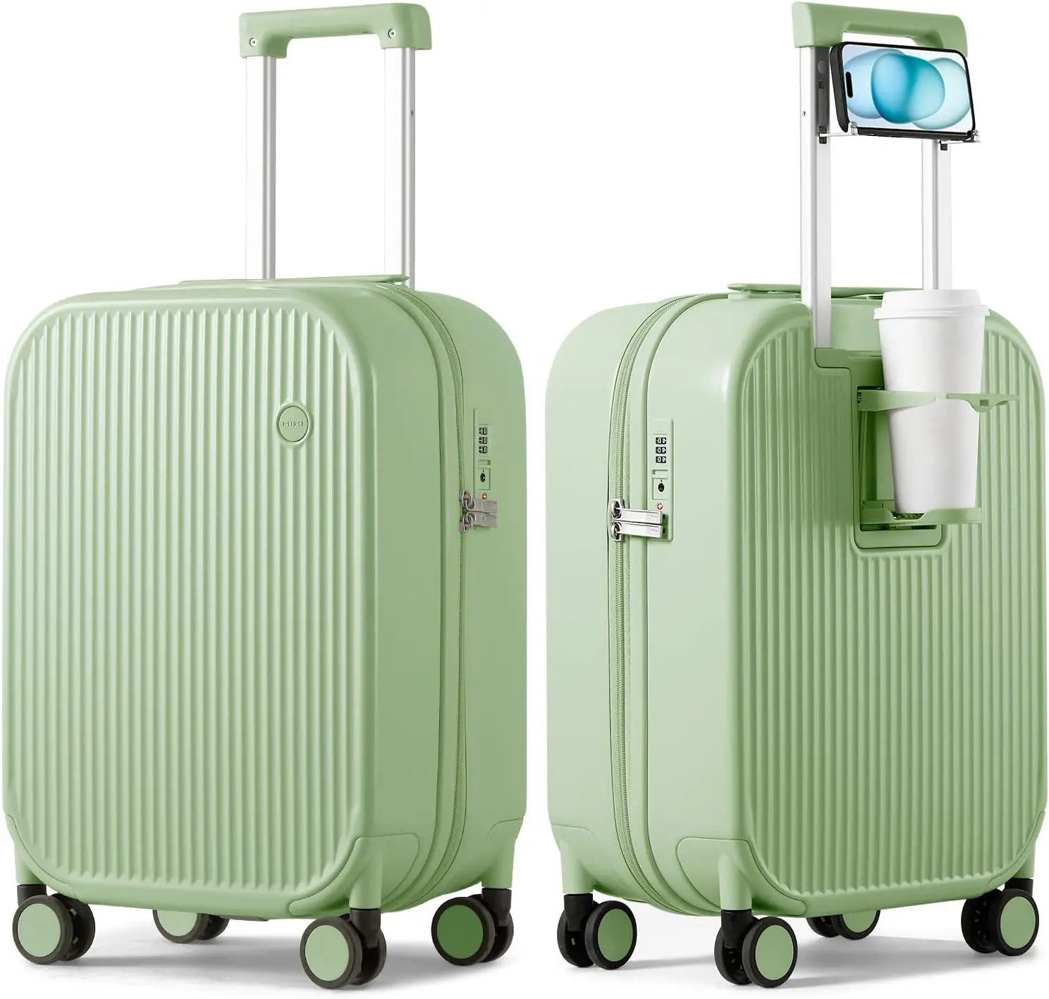 

20 Inch Avocado Green Hard Shell Rolling Suitcase with Spinner Wheels, Cup and Phone Holder for Travel