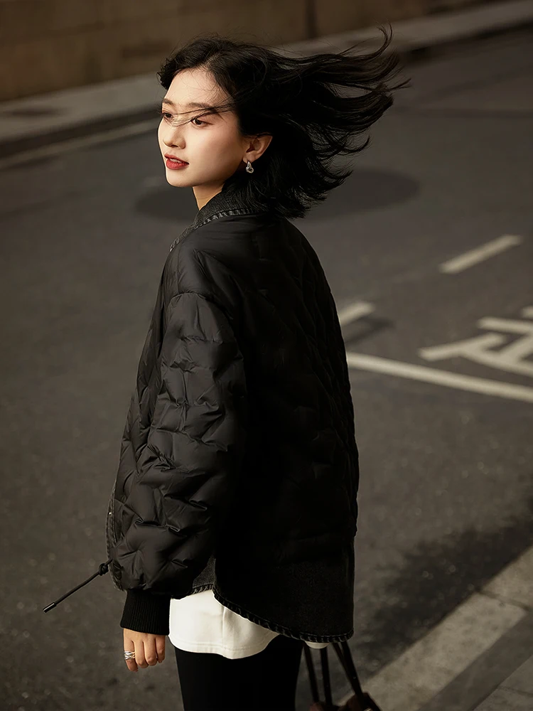 

Xhange Goose down Jacket Waterproof Shirt Style Patchwork Light Durable Women's Autumn Winter New Arrival OL Commute Fashion