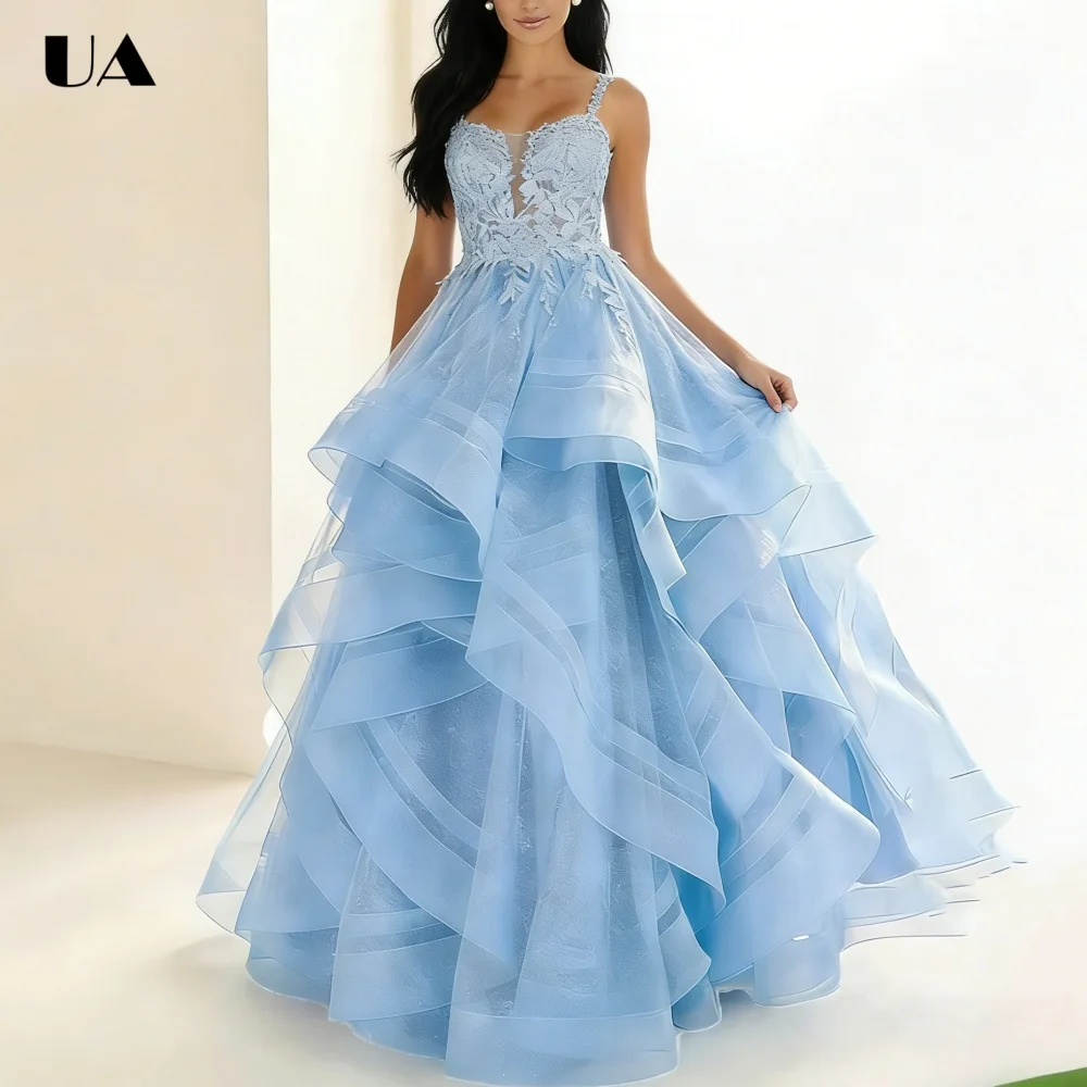 ULBYANRY Maßgeschneidertes A-Linien-Abendkleid aus festem Mesh mit Stufen, glitzerndes Partykleid mit Applikationen, elegantes Ballkleid mit Spaghettiträgern