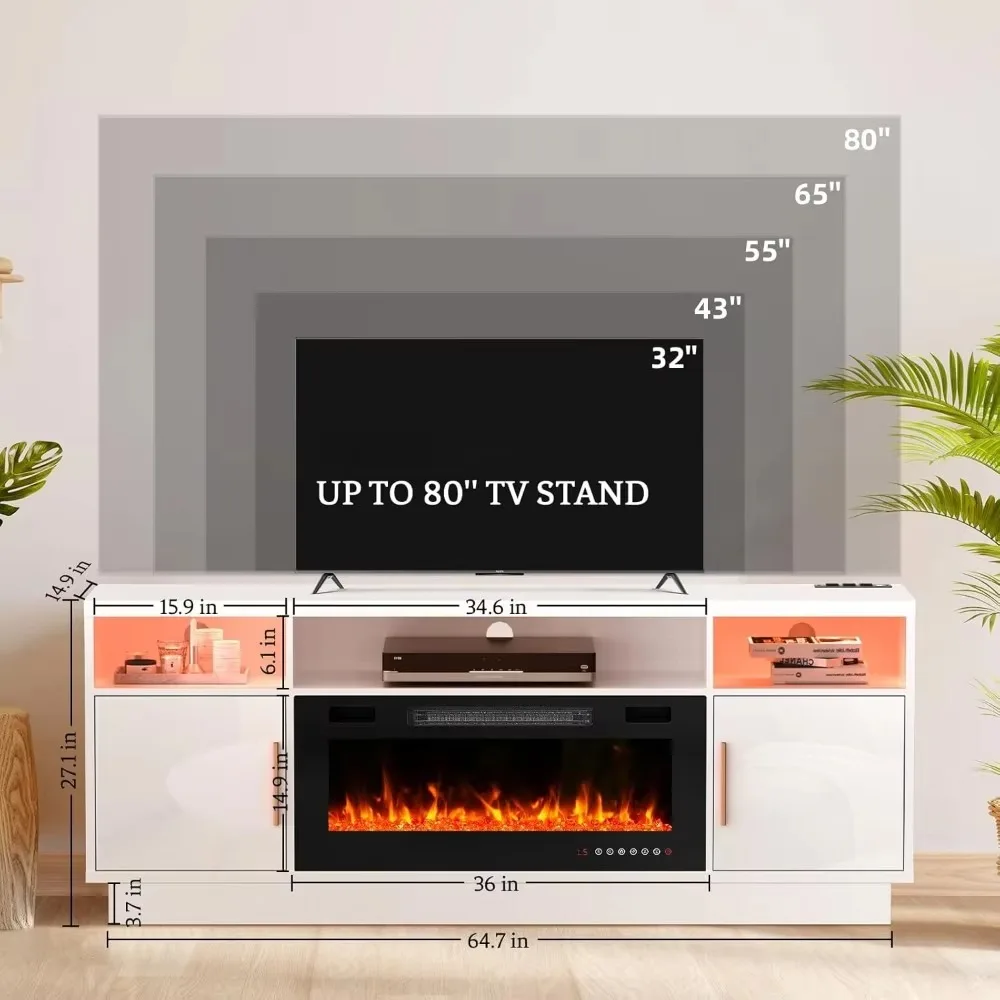 70'' TV Stand with 36'' Fireplace-LED Light Entertainment Center for 75+ inch TV-White TV Cabinet Console for Living Room