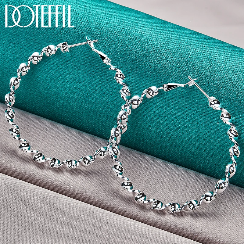 DOTEFFIL 925 Sterling Silver 45mm Circle Wave Hoop Earring For Woman Fashion Party Wedding Engagement Party Jewelry