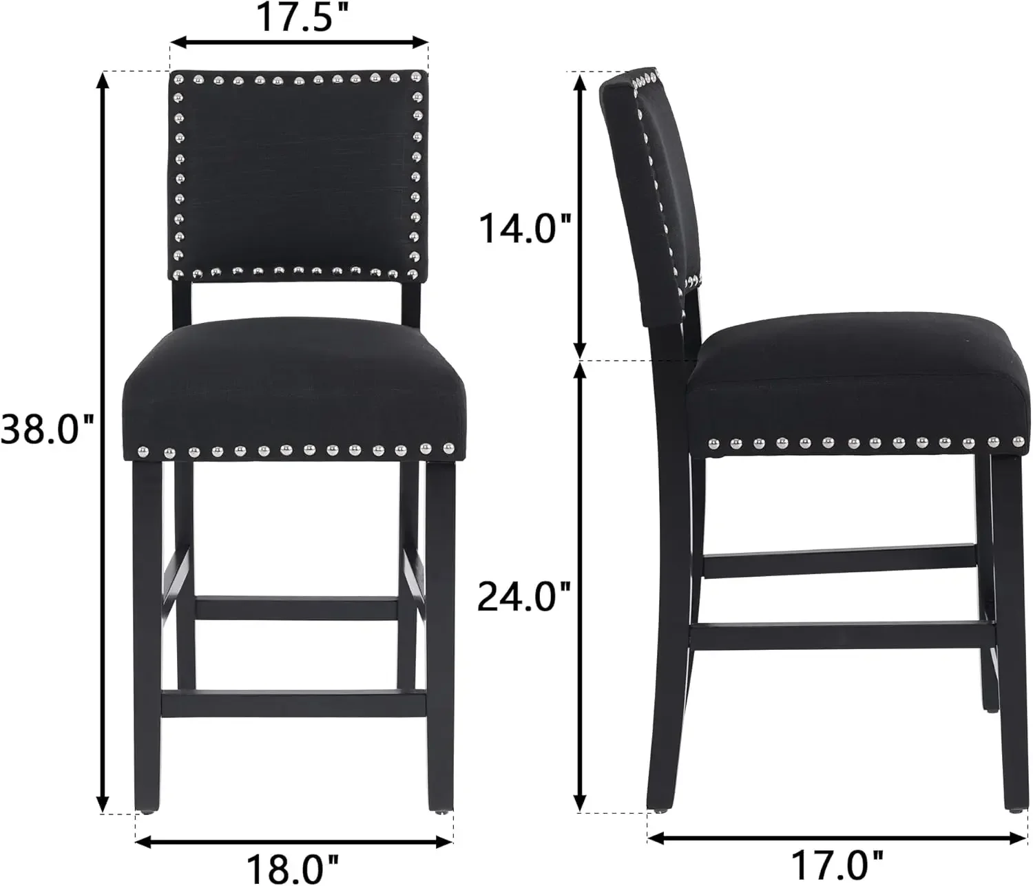 24 inch Bar Stools, Counter Height Stools, Fabric Upholstered Barstools with Back and Wood Legs, Armless Dining Chairs