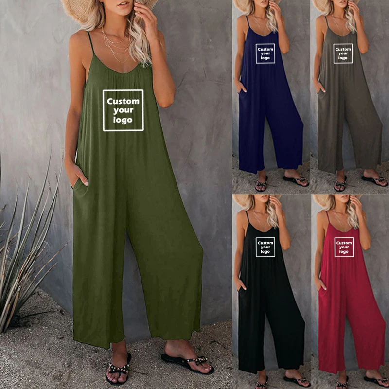 Printting Customize Logo Summer Strap Jumpsuit Perppy Casual Women's Solid Loose Pants Pocket American 2024 Vintage Trousers