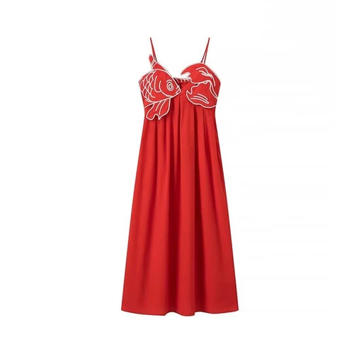 Imagen 1 del producto Mujeres Moda Simple Rojo Bordado Halter Vestido Largo Cuello en V Temperamento Vestido Elegante Koi Bordado Decoración Vestido Calle Commuter Casual Ladies Dresses
