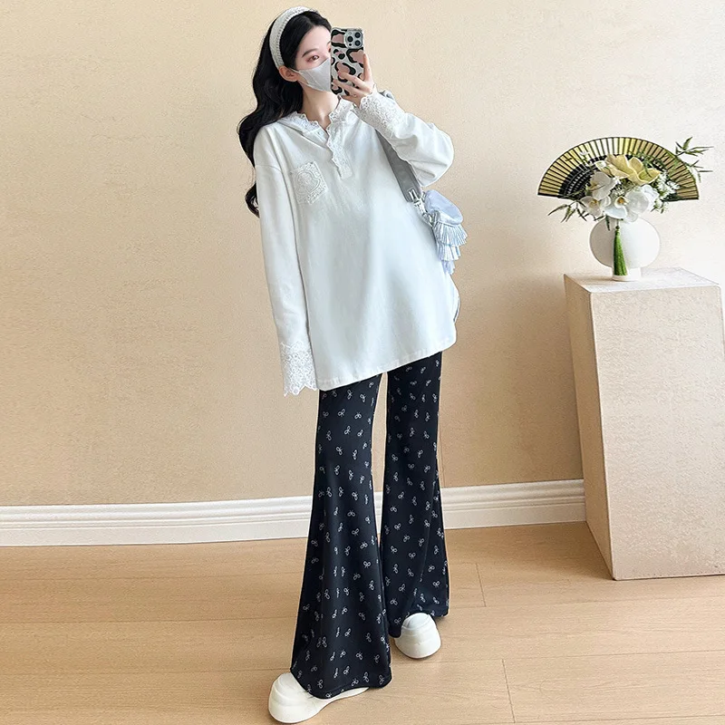 Conjunto de maternidad a la moda primavera otoño nuevo elegante Sudadera con capucha de encaje de manga larga y pantalones casuales traje de dos piezas