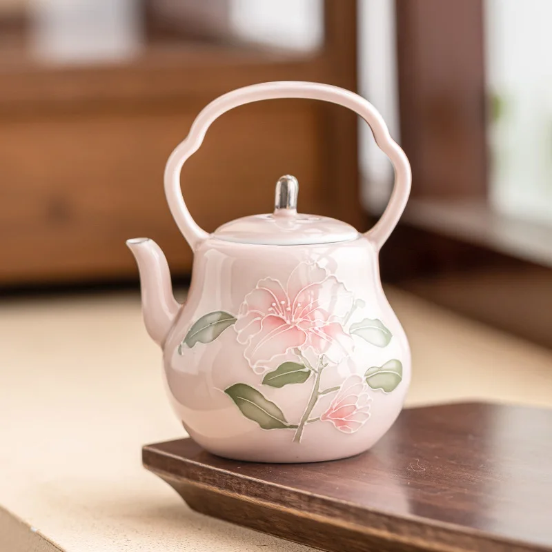 

Lily Handle Teapot Home Hand Painted Ceramic Single Pot with Follicular Teapot