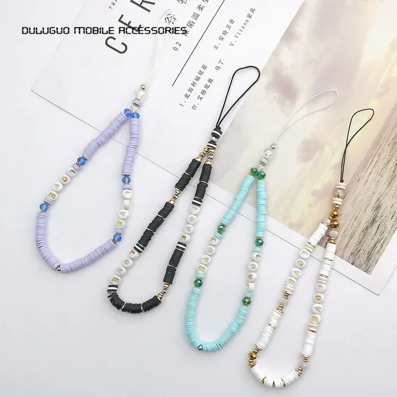 Clay Crystal Beaded Mobile Phone Straps Fashion Cellphone Lanyard Anti-Lost Pearl Rope Cord Strap Charm Jewelry Accessories