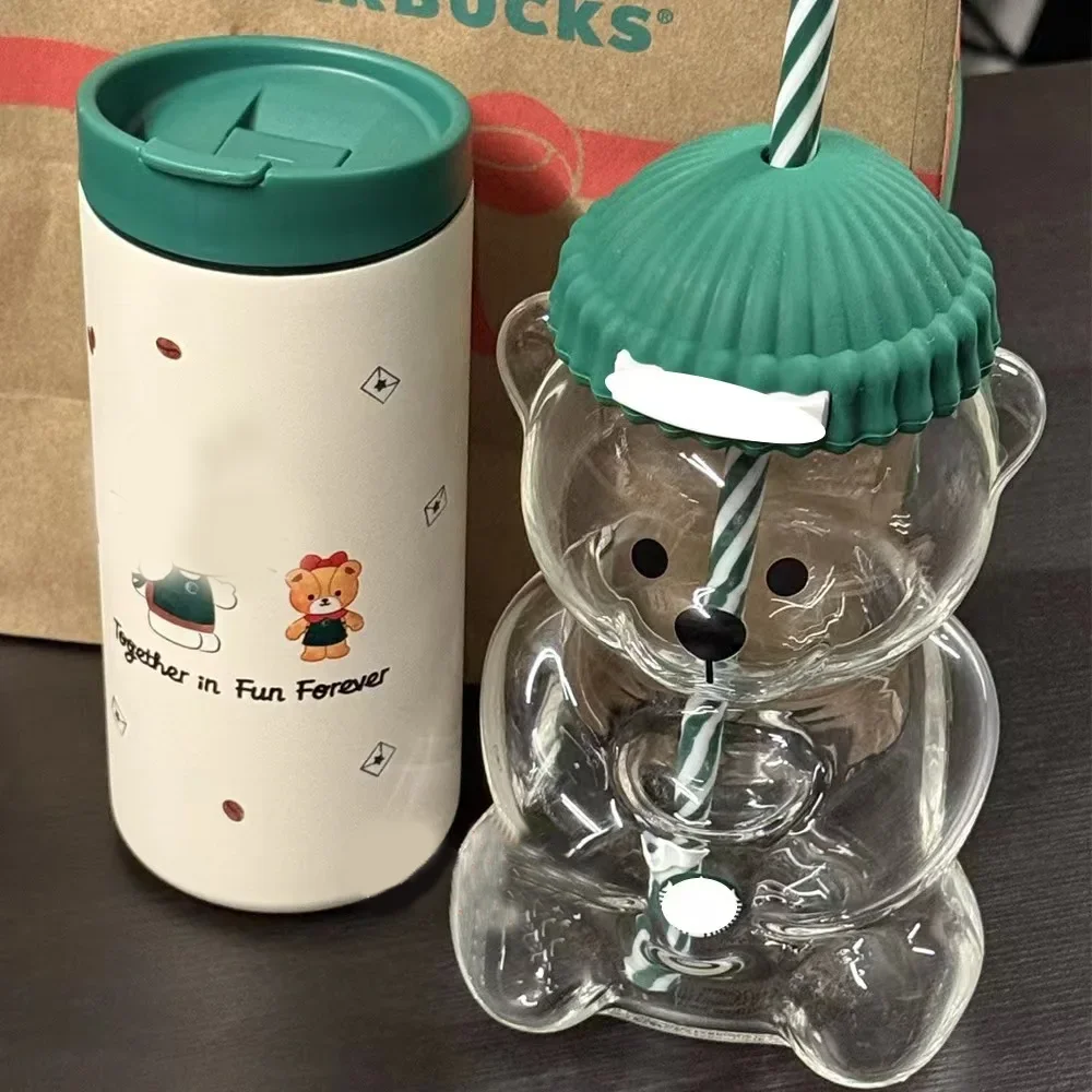 

Новинка 2024 года, большая емкость, 500 мл, стеклянная кружка с милым медведем, прочная для кофе, пива, вина, коктейлей, соломенный подарок на Рождество, Новый год