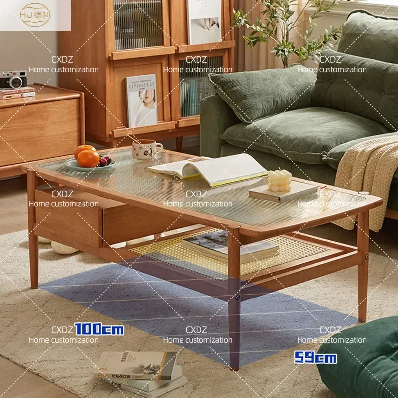 Nordic Rattan Cherry Wood Color Living Room Coffee Table Japanese Simple Solid Wood Small Apartment Rounded Corner Home