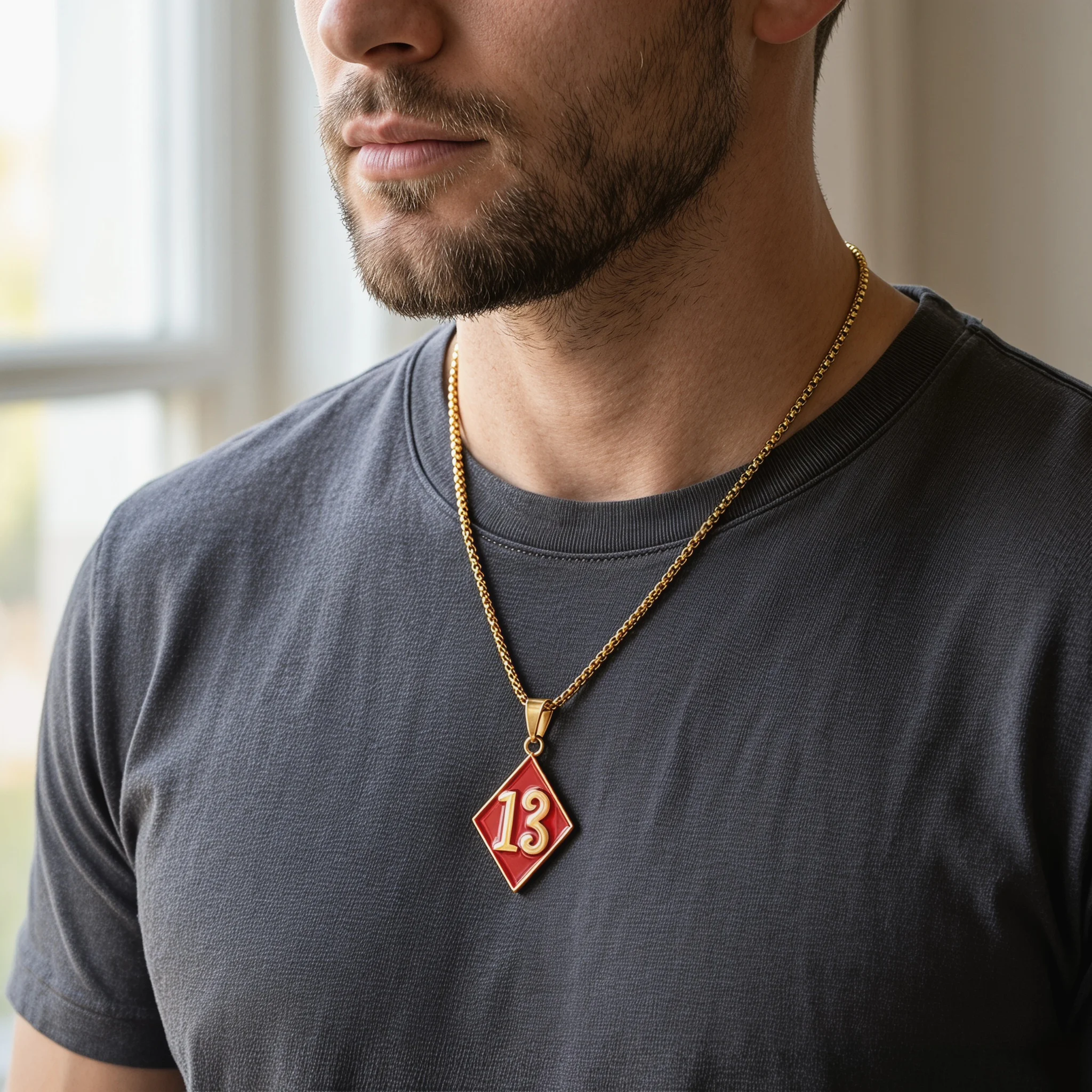 Stainless Steel Golden Red Envelope Number Thirteen Pendant Box Chain Necklace Men Streetwear Jewelry