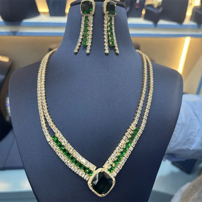 

Простой ромбовидный модный комплект из ожерелья и серег с цирконами, высококачественные ювелирные украшения, свадебные аксессуары, универсальное ожерелье.