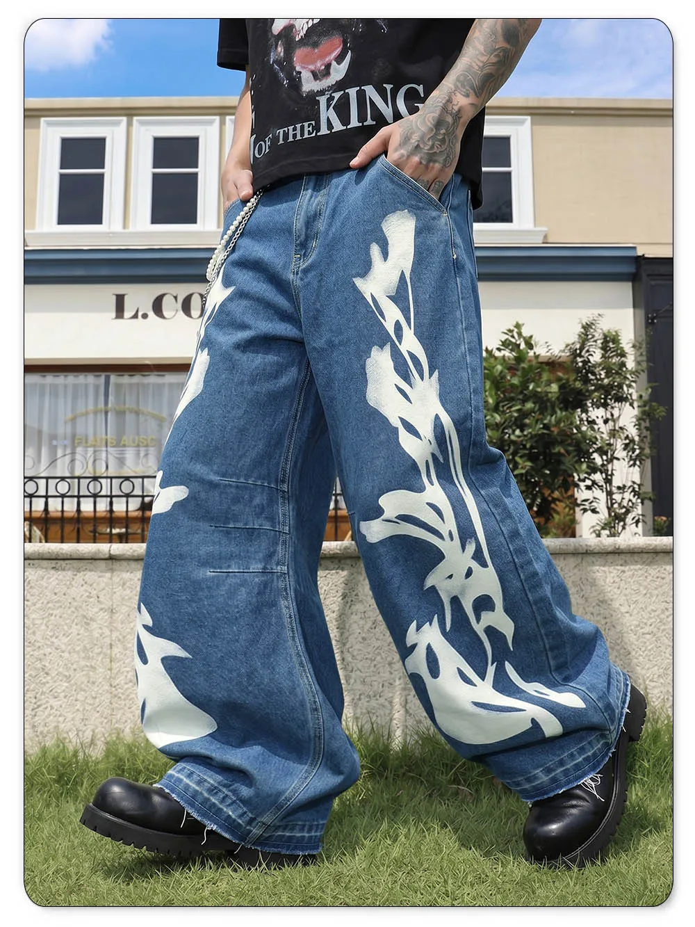 LIYS Men's American High Street Flame Printed Jeans Retro Fashion Loose Wide Leg Hairy Straight Leg Floor Pants Trendy Brand Y2K