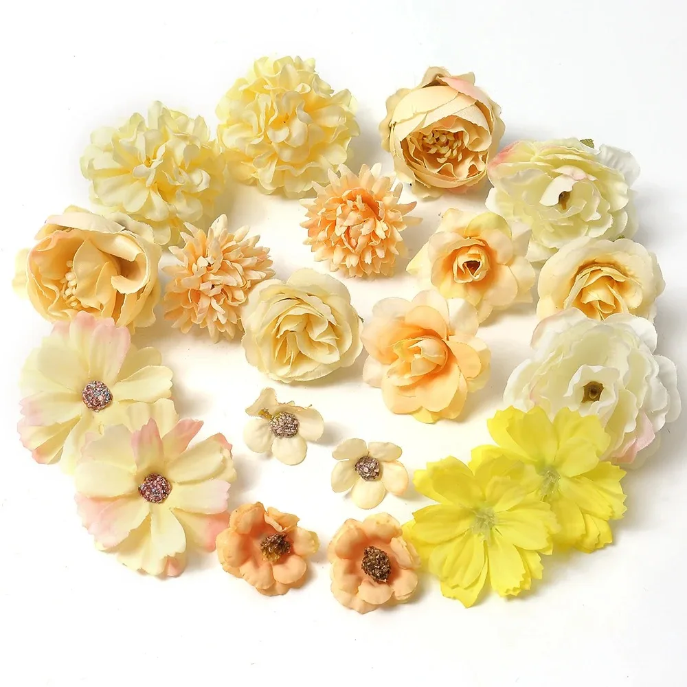 20 Stück gemischte künstliche Blumen, Seidenrosen, künstliche Blumen, Kopf für Heimdekoration, Hochzeitsdekoration, DIY-Handwerk, Girlande, Blumenstrauß, Zubehör – Detail 10