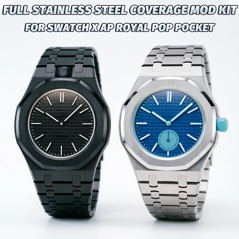 Kit de modification complet avec boîtier en acier inoxydable, bracelet en fluororubber et acier pour Swatch X AP Royal POP Pocket Changer pour montre-bracelet