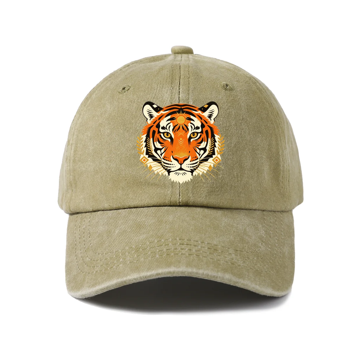 Orange Tiger Face Graphic Baseball Cap, Vintage Washed Adjustable Unisex Dad Hat, Casual Gift