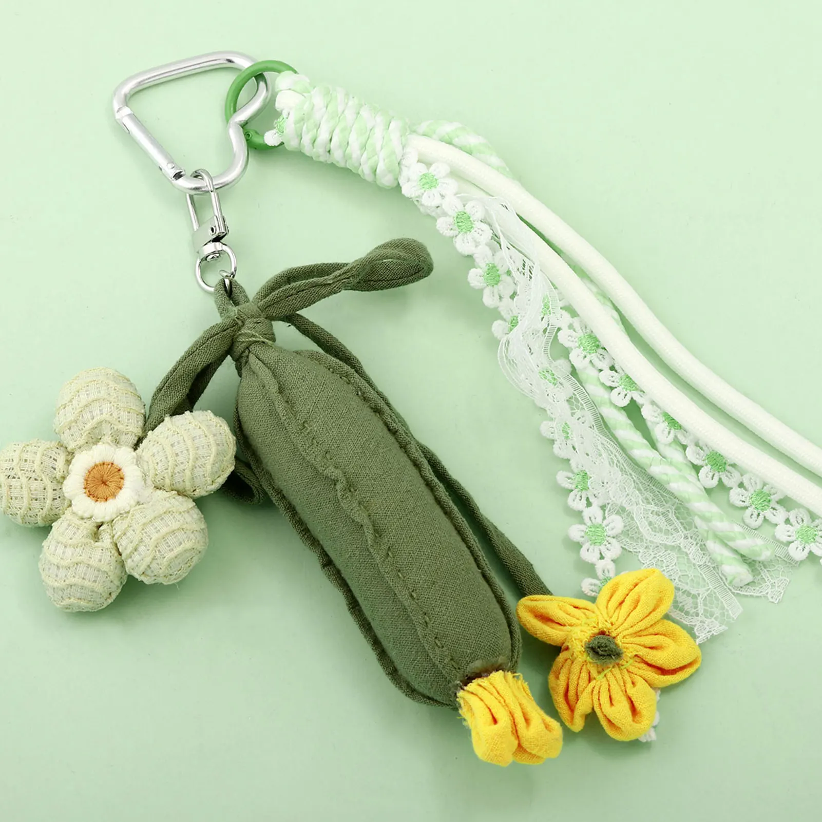 Y2K Sweet Fabric Flower Bean Bag Charm Keychain Pastel Cottagecore Handmade Knitted Lace Tassel Heart Clasp Daily Bag Accessory