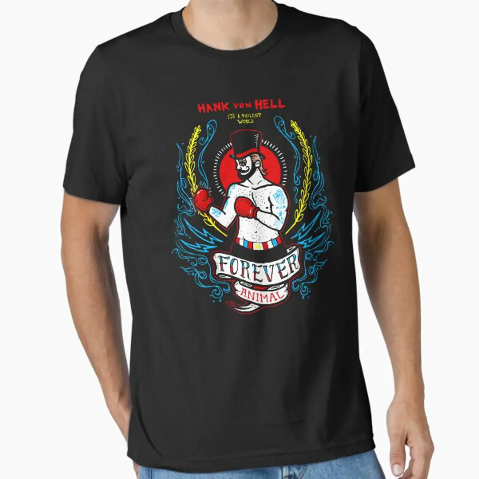 HANK VON HELL FOREVER ANIMAL TURBONEGRO Essential T Shirt vintage Washed homme Breathable Unisex Slightly Versatile Soft