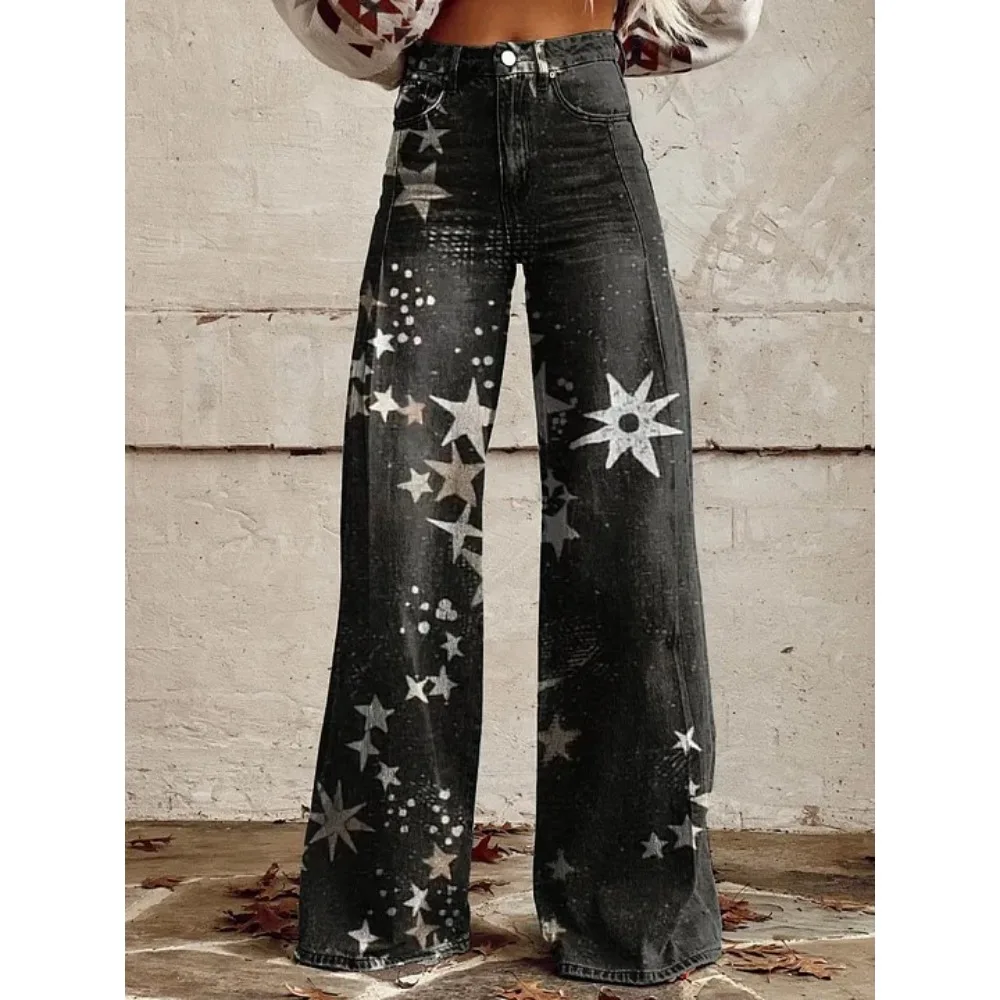 Y2K Ästhetik: Himmelblau-Sonnen-Mond-Stern-Print High-Waist Wide-Leg-Hose für Damen – Grunge Streetwear Lässige Loose-Fit-Hose Übergröße – Detail 12