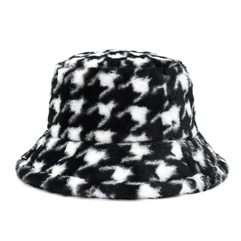 Nowe zimowe czapeczki puszyste futro mężczyźni kobiety Panama kapelusz moda ciepłe rybak czapka list Rainbow Houndstooth nadruk wzór lamparta