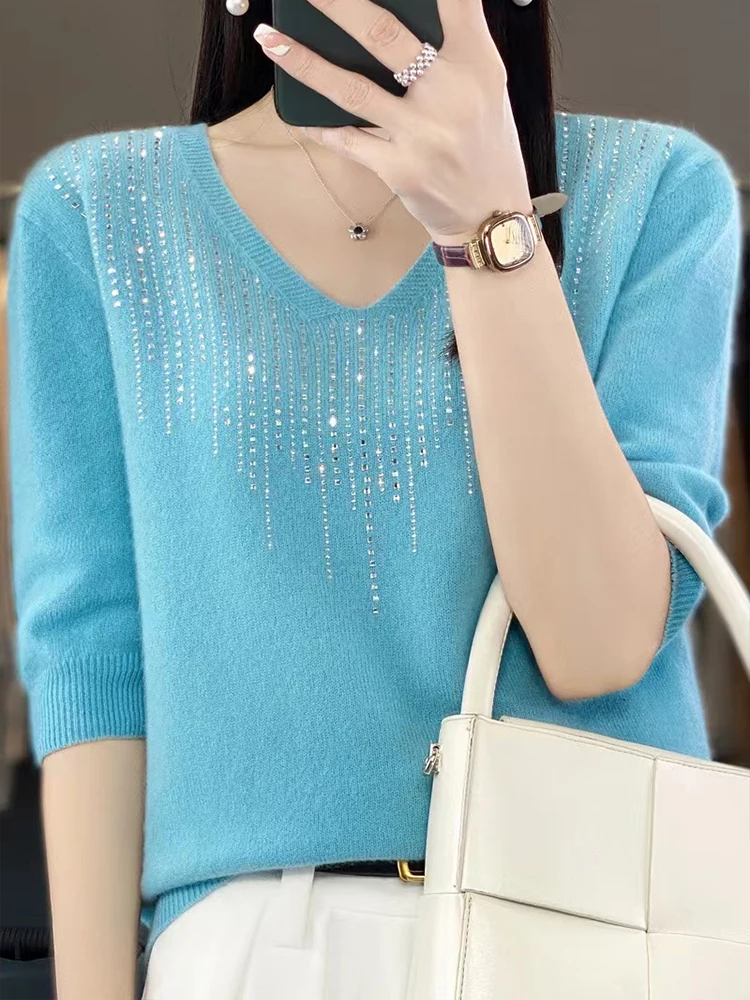 

Женский свитер с V-образным вырезом и коротким рукавом, весенне-летний, повседневный, в корейском стиле, вязаный пуловер с декором из страз Hotfix