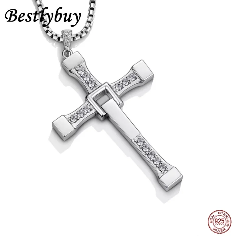 Fast and Furious Cross Pendant Necklace for Men S925 Sterling Silver Inlaid Zircon Rotatable Fashion Punk Rock Style