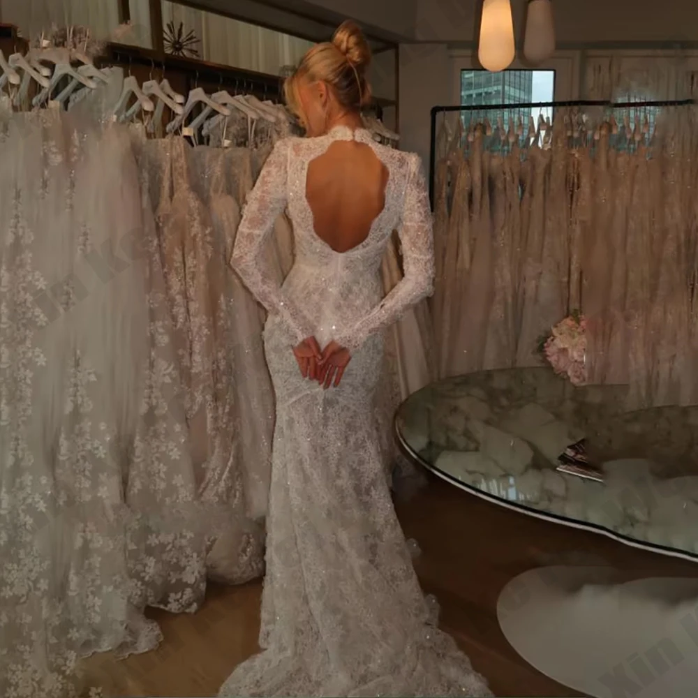 2026 Spitzen-Meerjungfrauen-Brautkleider für Damen – Langärmliges Hochzeitskleid mit hohem Kragen, Meerjungfrauen-Brautkleid, maßgeschneidertes formelles Clubkleid