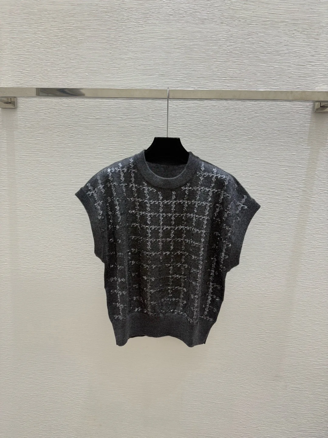 Early Autumn New High-Quality Fashionable Casual Solid Color Sequin Round Neck Knitted Short-Sleeve Women