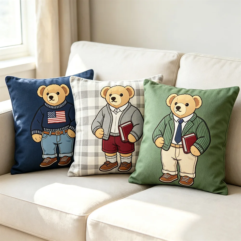 Cute Cartoon Bear Throw Pillow Cover Vintage Teddy Bear Decorative Cushion Case For Sofa Bedroom Home Decor 45x45cm Lovely Gift