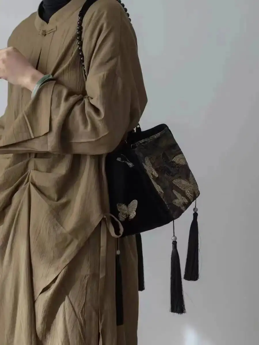 Bloom Chinese Style Black Bucket Women Butterfly Embroidery Casual Messenger Bag Female Fairycore Aesthetic Handbag Chic