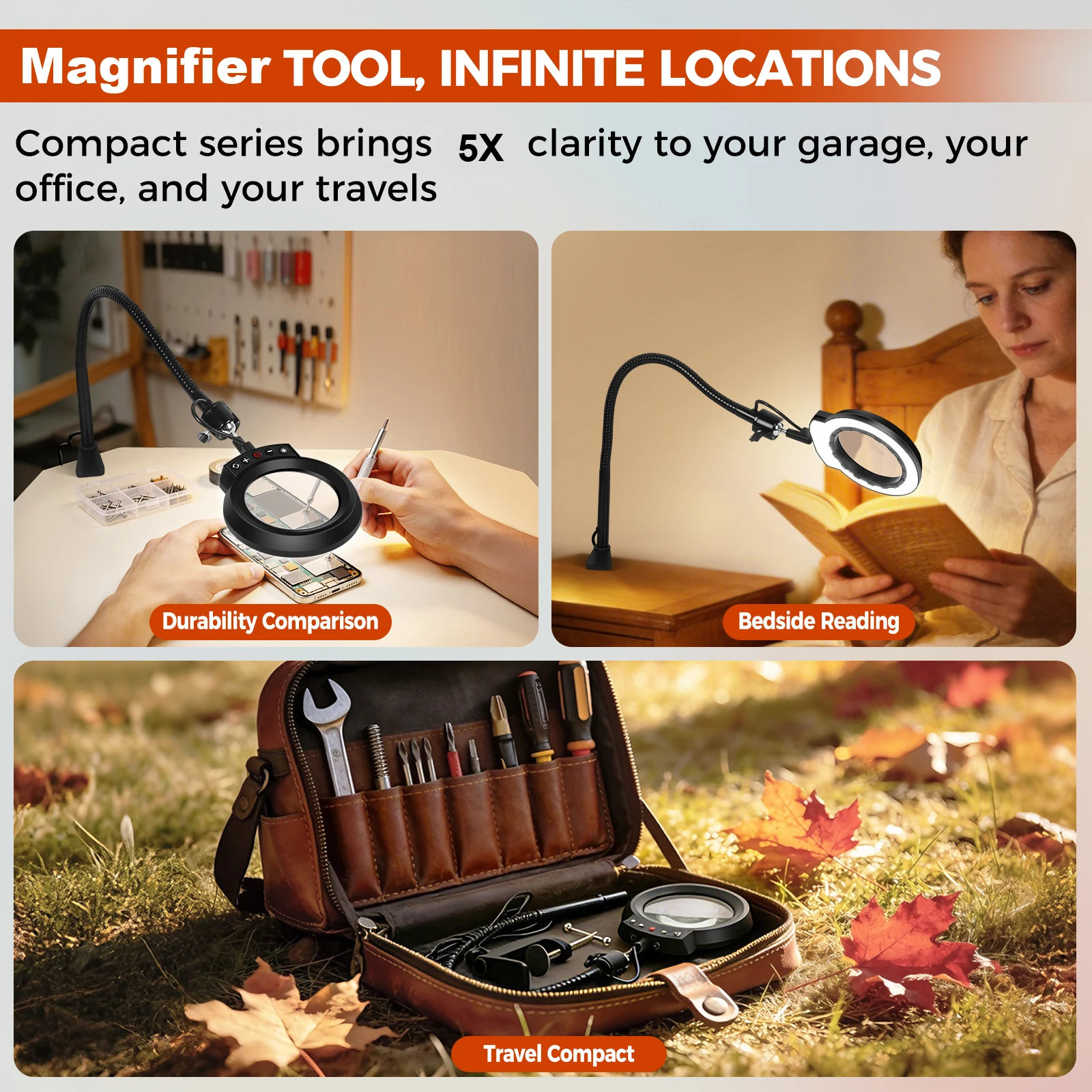5X Illuminated Magnifier with 360° Metal Gooseneck Flexible Arm and Table Clip 5 Color Modes LED Magnifying Glass Lamp for Home