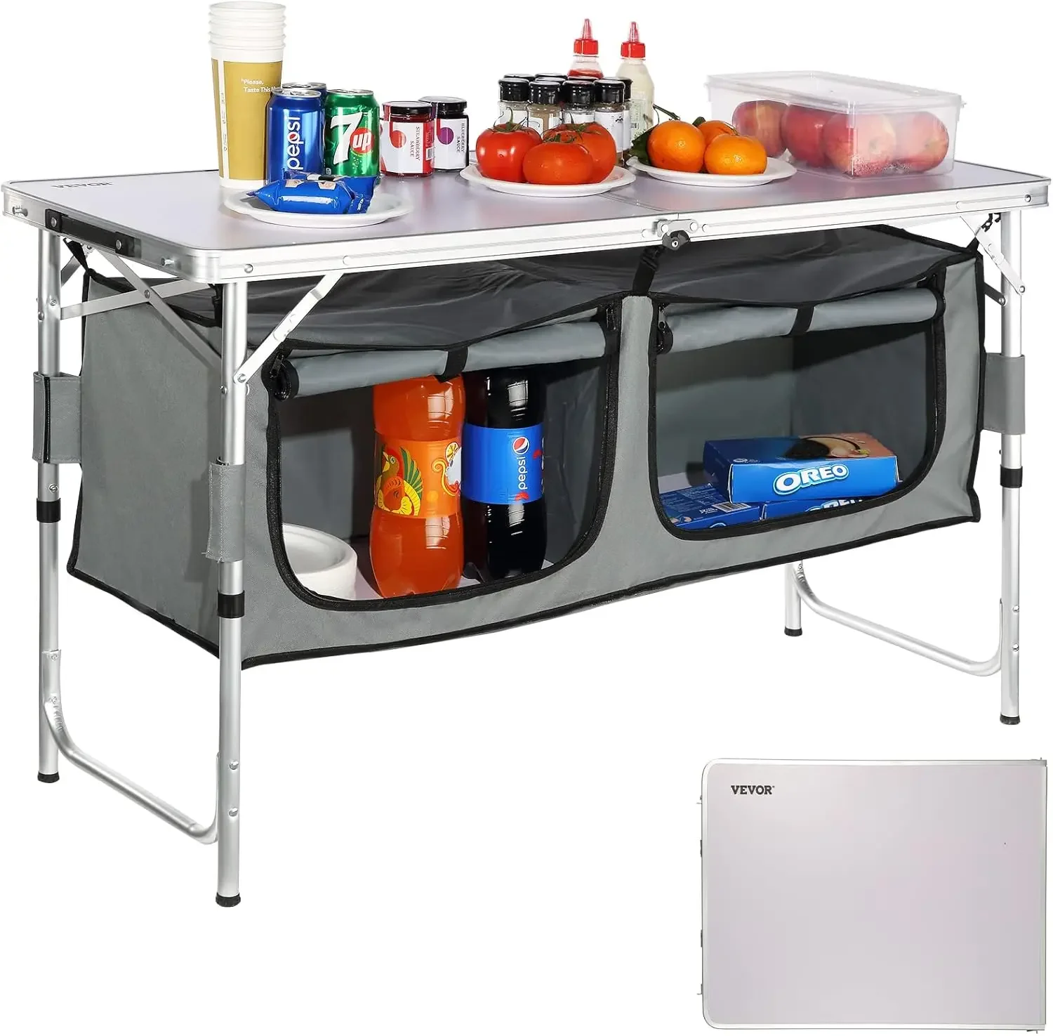 

Camping Kitchen Station, 3 Adjustable Height Folding Outdoor Camp Cooking Table with Storage Organizer