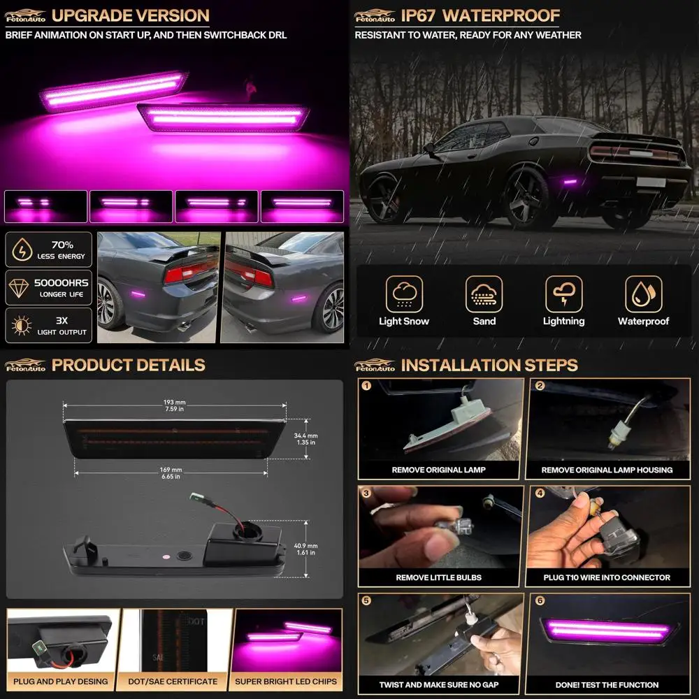 

Dodge Charger 2011-2014 гг. и последовательный светодиодный задний бампер Challenger 2008-2014 гг. Розовый Фиолетовый Боковые габаритные огни, 2 шт., дымчатые линзы, D