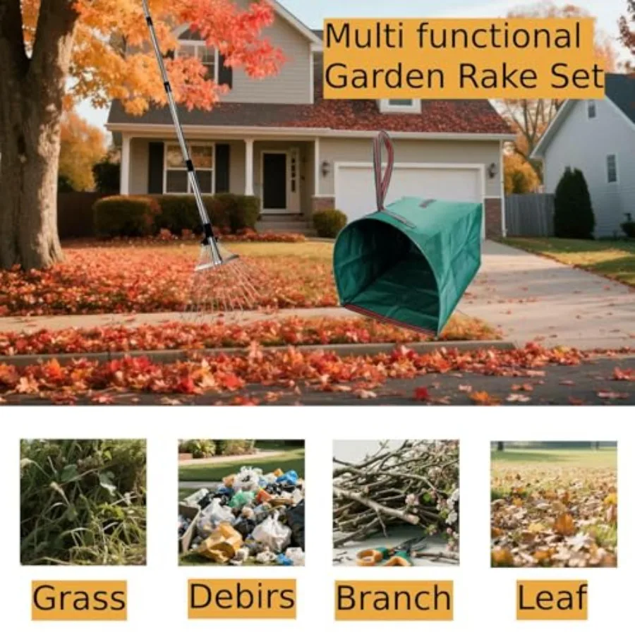 Ancinho de folhas de metal resistente para gramados e jardinagem ao ar livre com sacos de folhas tipo pá de 53 galões, design de alça longa com ex