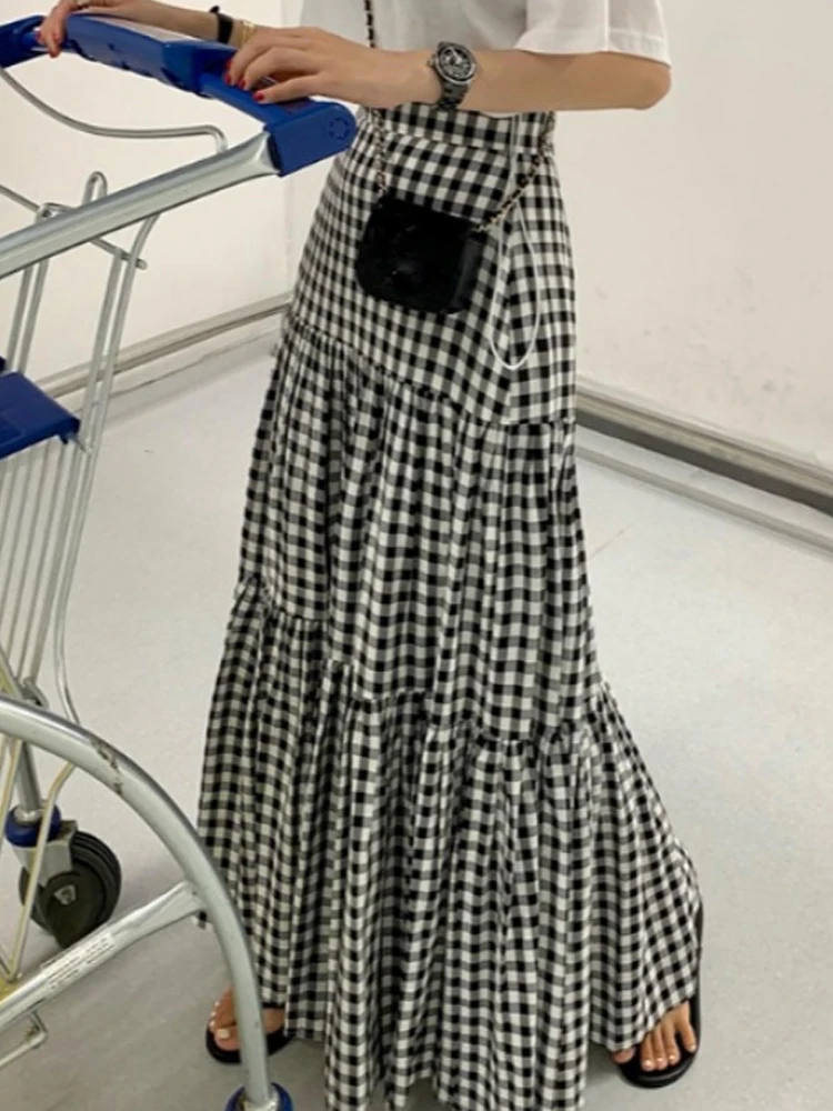 Korean Style High Waist A-Line Skirt Women's Fashionable Checkered Long Midi Skirt Spring Summer Autumn Seasonal Match