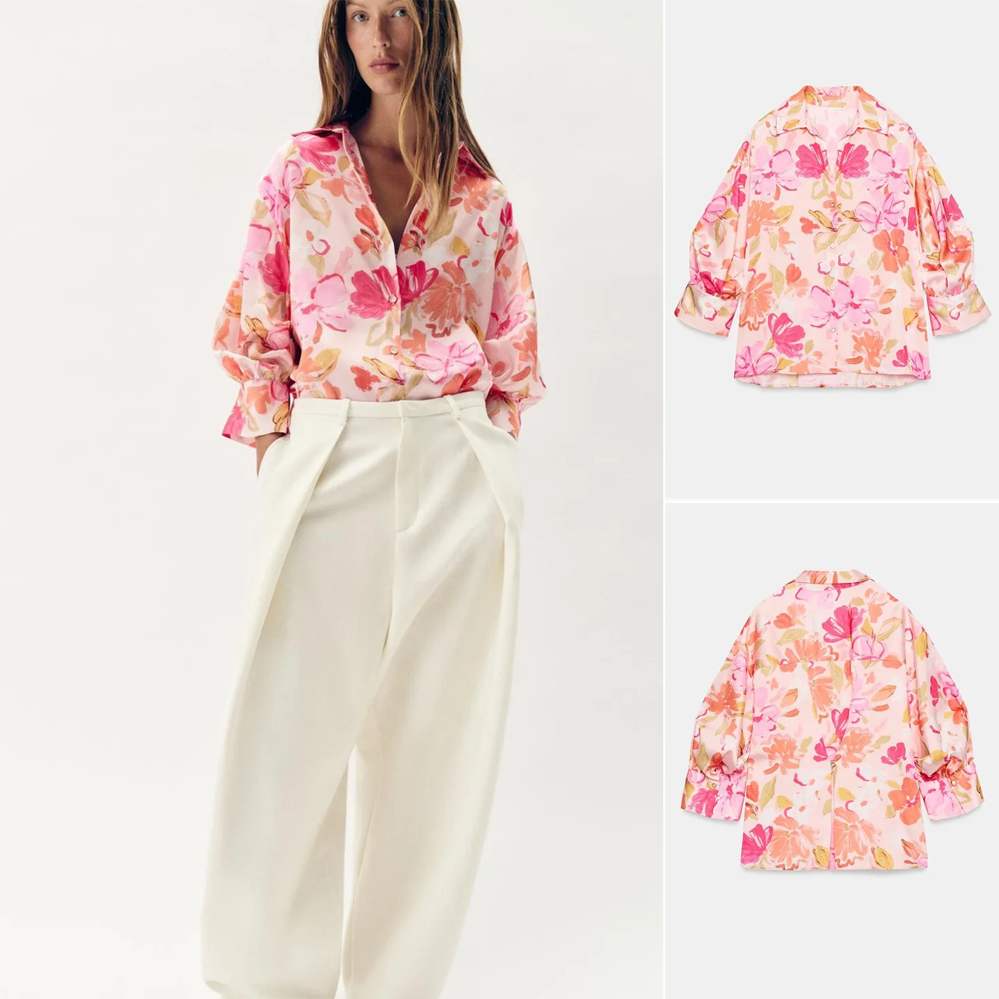 

Spring Summer New Women's Casual Style Pleated Collar Bubble Long Sleeve Floral Print Shirt Skin-friendly Breathable Polyeste...