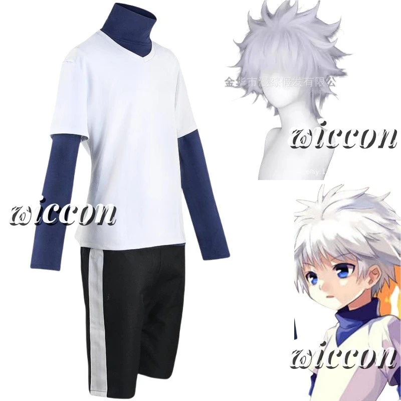 

Killua Zoldyck Косплей Костюм Охотник × X H품 Кираа Zaoldyeck Футболка Полный комплект Парик Хэллоуин Рождество Новый