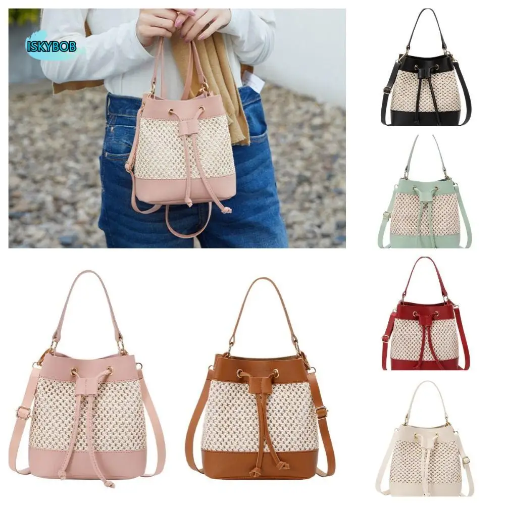 

Bundle Pocket Straw Crossbody Bag Commute Handbag Drawstring Bucket Bag Large Capacity Messenger Bag Beach Shoulder Bag Girls