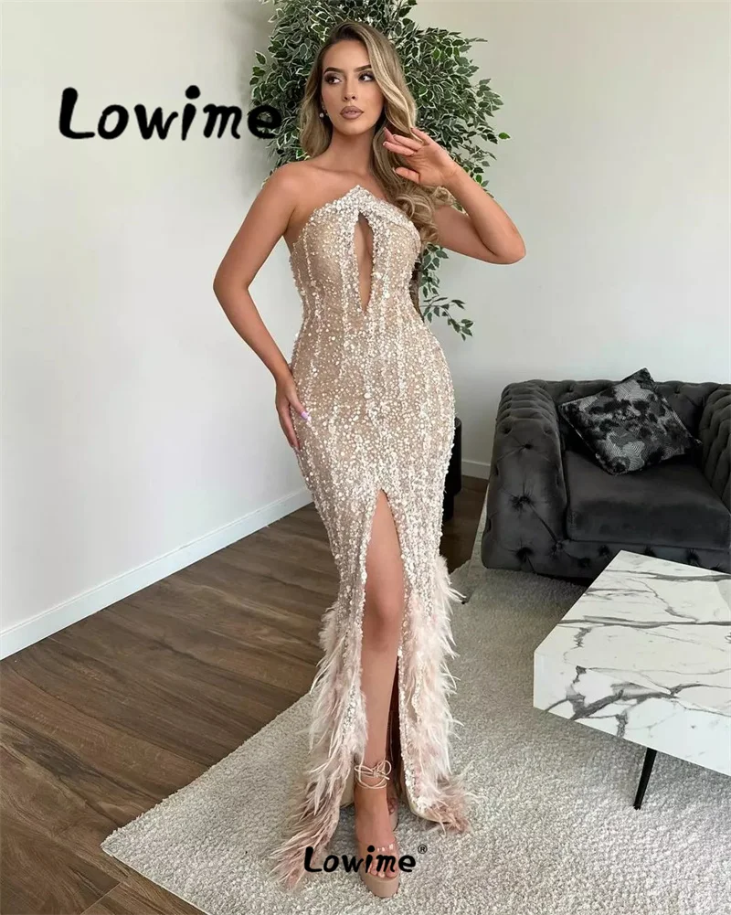 Champagne Arabic Evening Dress Cut-out Feathers Long Party Gowns For Weddings Strapless Aso Ebi Crystals Mermaid Prom Dresses