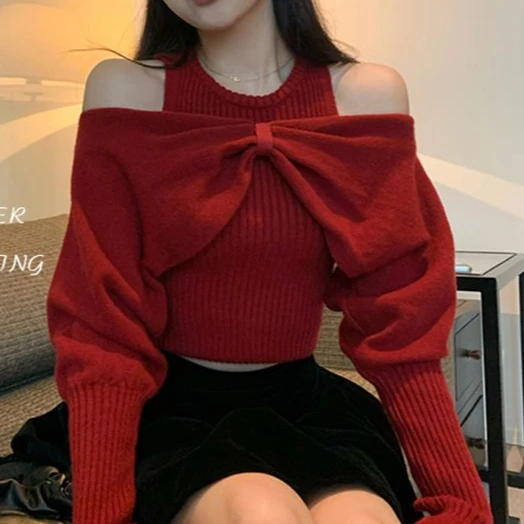 Gagarich Spring Autumn New Off Shoulder Bow Magenta Women Pullover Spicy Girl One Shoulder Knitted Sweater 2 Piece Set