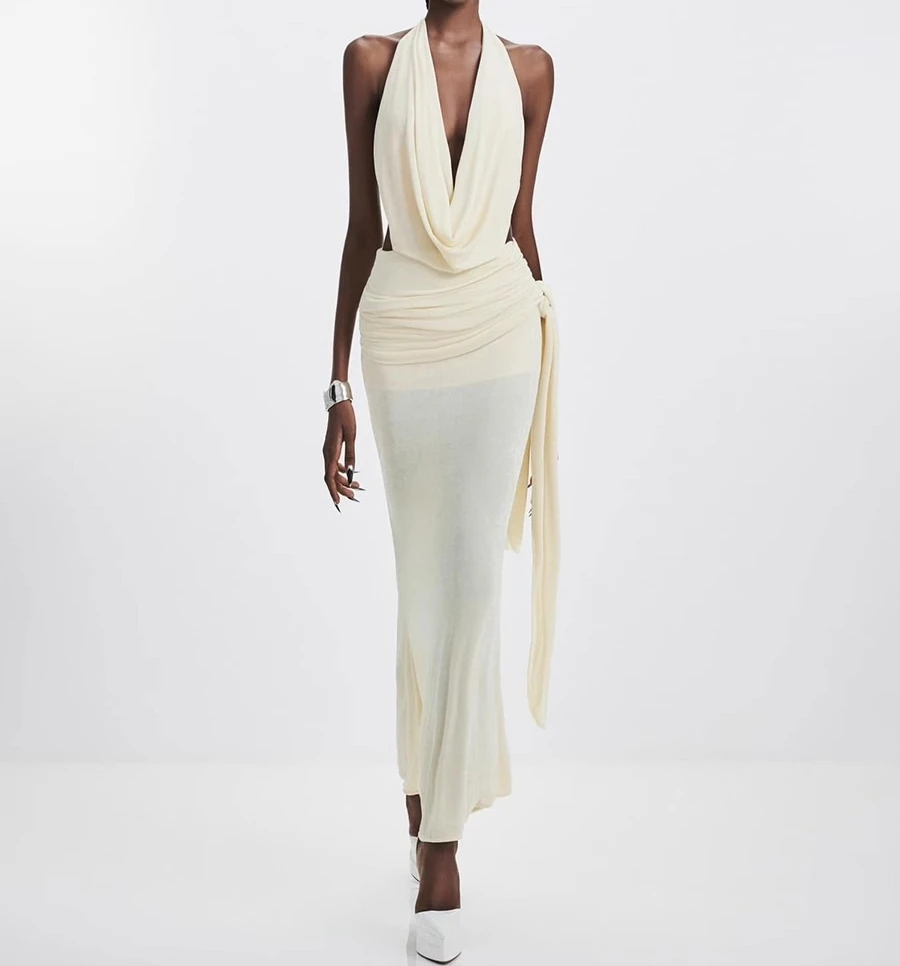 

Apricot Backless Sleeveless Dress Women Elegant Summer Holiday Party Clothing Lady Streetwear Chic Vestidos Bodycon